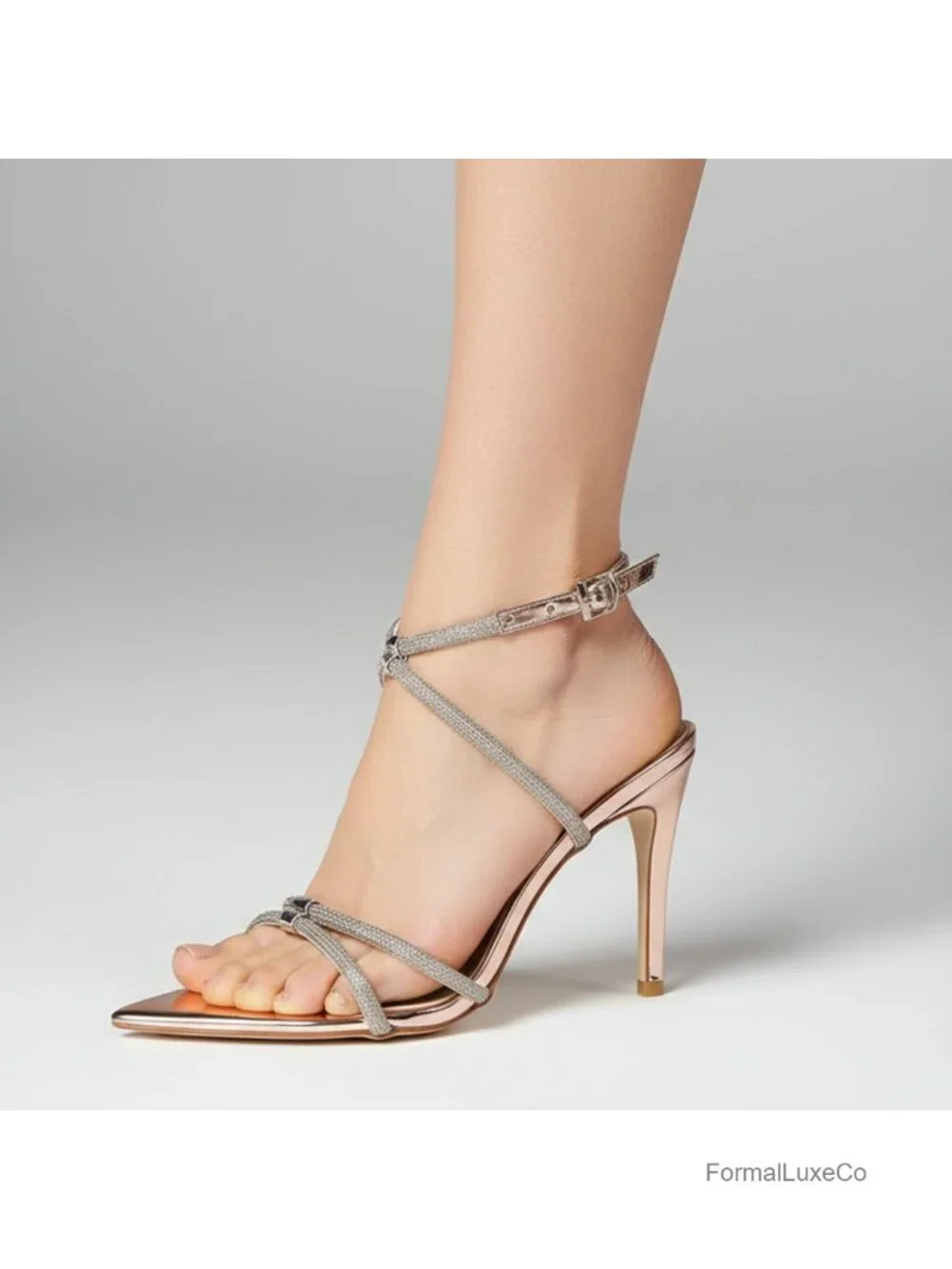 Pointed Toe Stiletto Heeled Sandals Rhinestone Glitter Straps Ankle Buckle